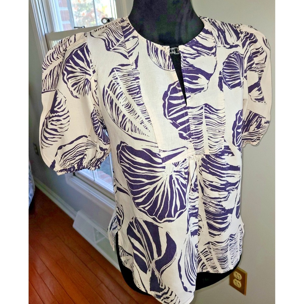 Nicole Miller Women's Sz Sm Short Balloon Sleeve Blouse Navy Cream‎ Preppy Coast